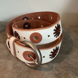 Fossil White and Brown Leather Belt with Floral Cut outs &  Silver-Tone Buckle